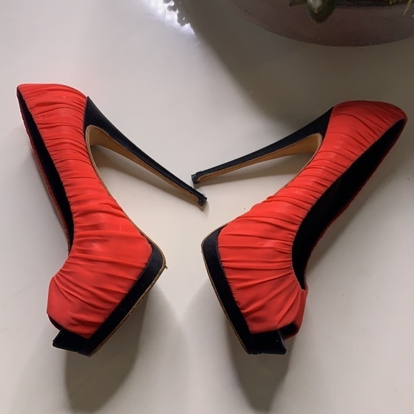 GIUSEPPE ZANOTTI watermelon Red Pleated Fabric Peep Toe Platform Pumps Heels 7 - Picture 8 of 10
